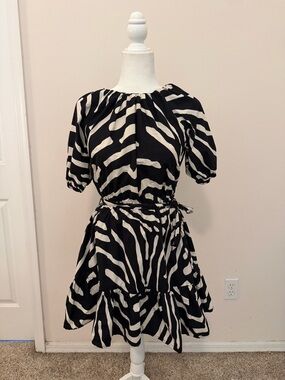 Oliphant Zebra Print Mini Cotton Dress Sz XS Puff Sleeves Tiered Elastic Waist
